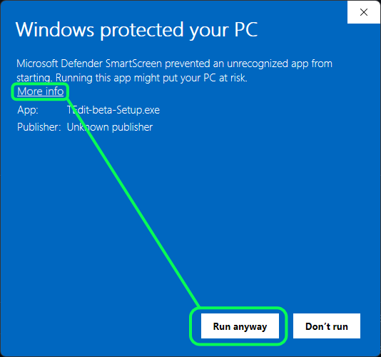 Windows SmartScreen dialog — click More info, then Run anyway